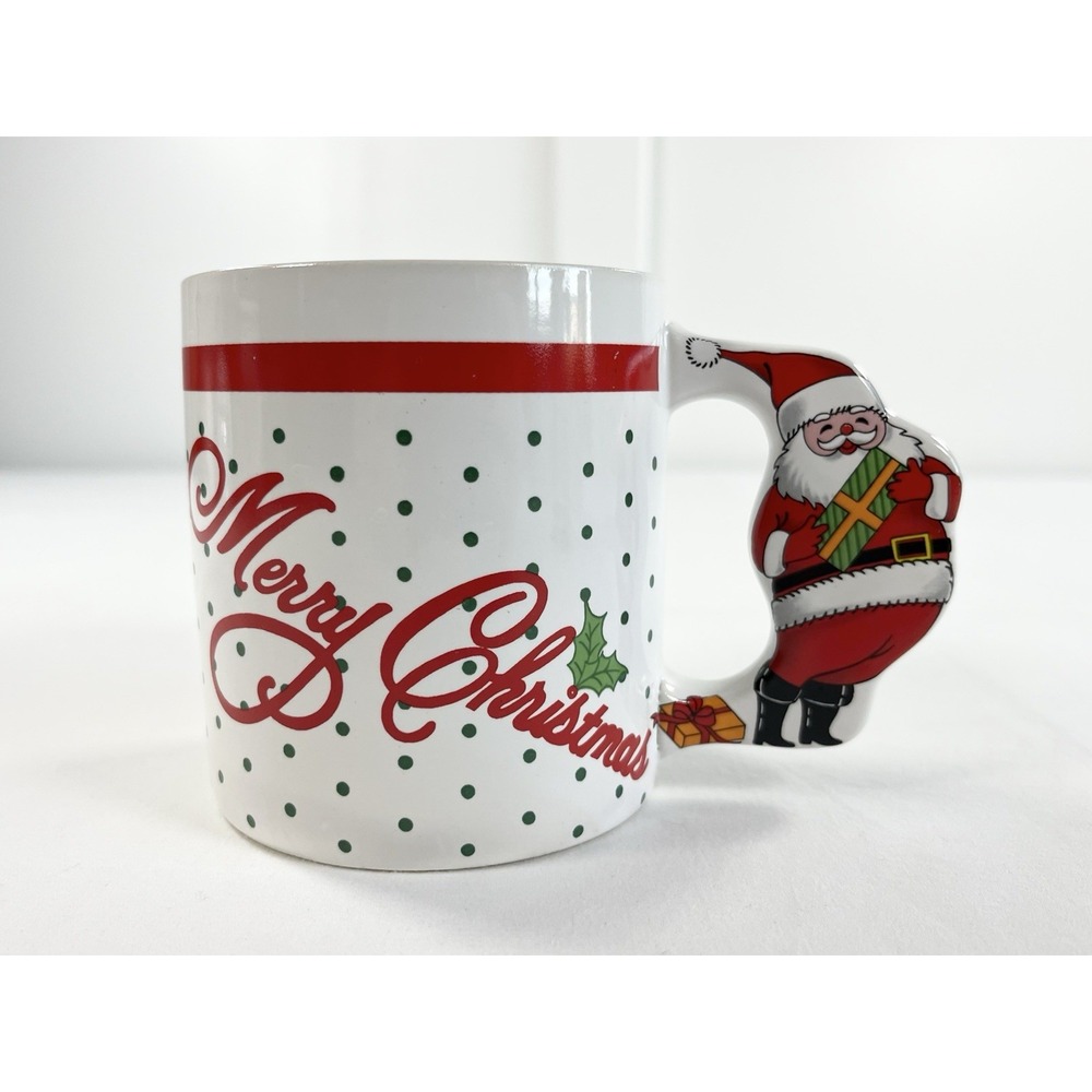 Vintage Christmas Mug 3D Santa Claus Shaped Handle Polka Dot Merry Christmas